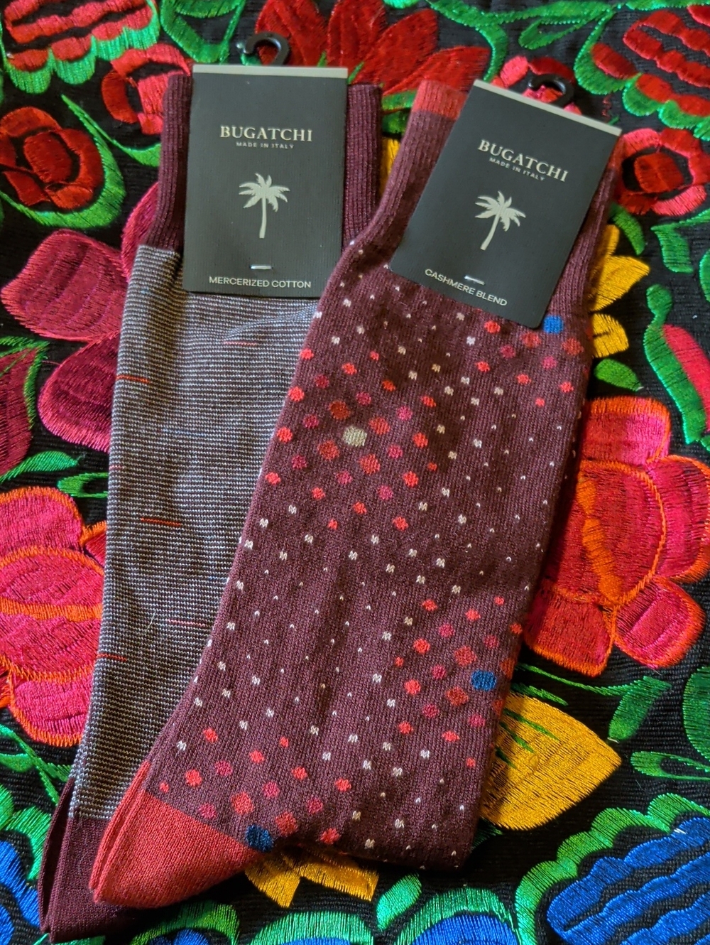 Bugatchi Men's Burgundy Patterned Dress Socks - Pair with Dots & Subtle Stripe